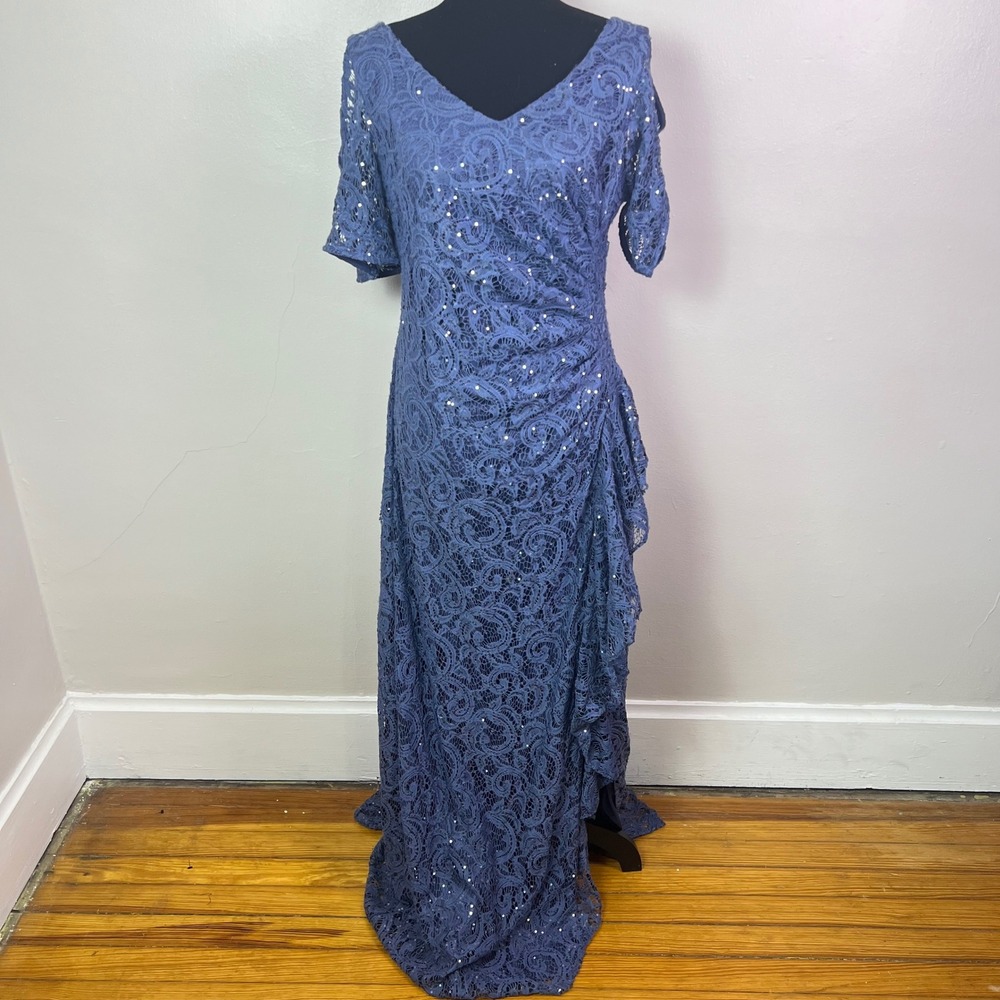 Alex Evenings Gown 12 Blue Sequin Lace Cold-Shoulder Ruffled Slit Formal Dress